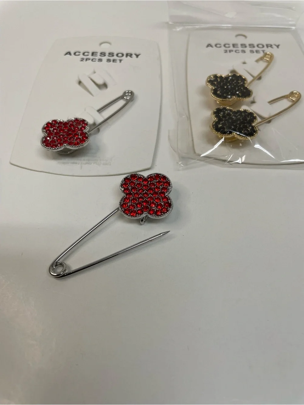 Red and Black Clover Crystal Brooch Set - 2 Sets NWT